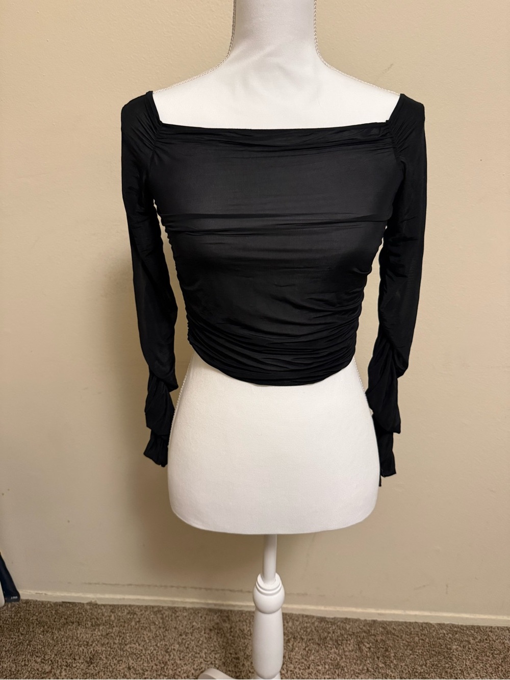 ZARA Black Off-Shoulder Long Sleeve Ruched Women's Top NWT